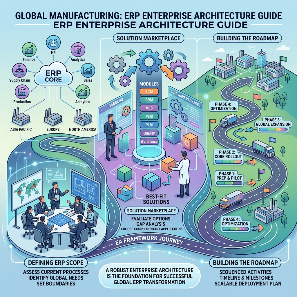 Global Manufacturing: ERP Enterprise Architecture Guide infographic showing ERP core, solution marketplace, and roadmap phases.