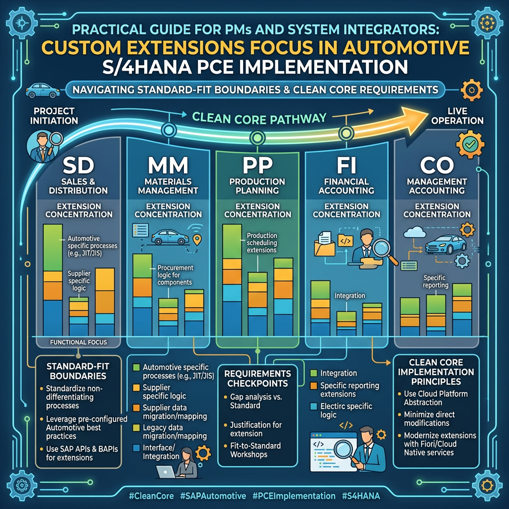 Infographic: Practical Guide for PMs and System Integrators—Custom Extensions Focus in Automotive S/4HANA PCE Implementation; SD, MM, PP, FI, and CO clean-core pathways.